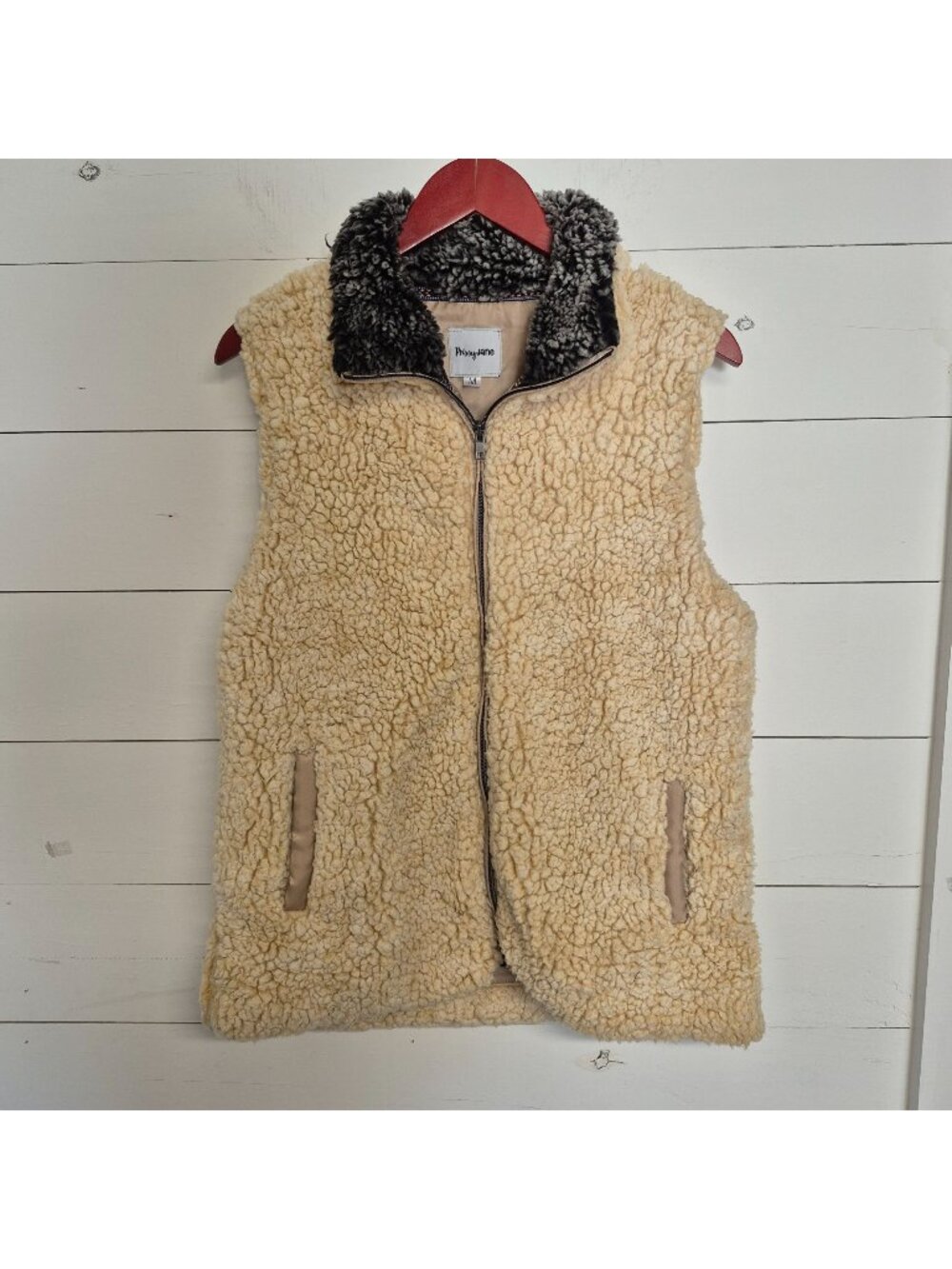 Prissy Jane Womens Sherpa Fleece Vest Beige & Gray M